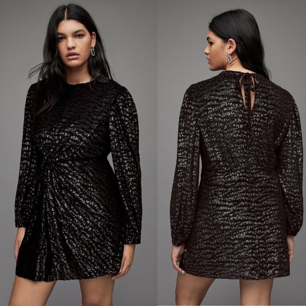 NWT New AllSaints Jemima Leopard Black Mini Dress Size 12